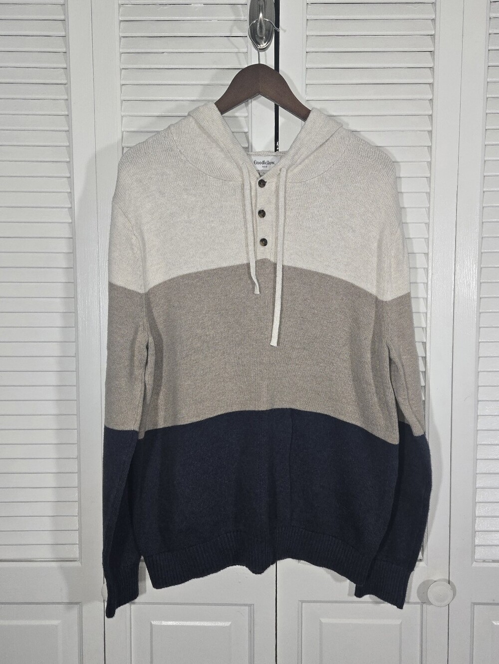 Goodfellow Colorblock Hooded Long Sleeve Pullover 3 Button Henley Sweater Sz L
